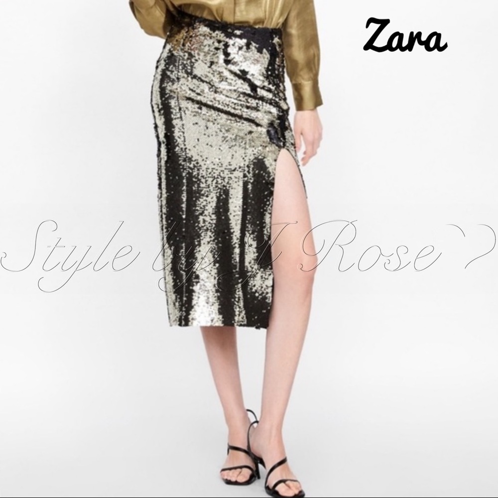 NWT’s Zara Black and Gold Sequin Midi Skirt